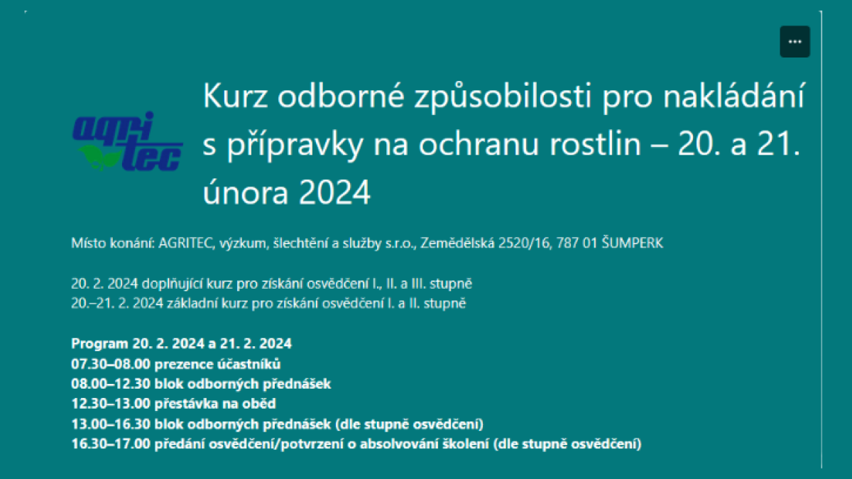 Kurz odborné způsobilosti pro nakládání s přípravky na ochranu rostlin – 20. a 21. února 2024