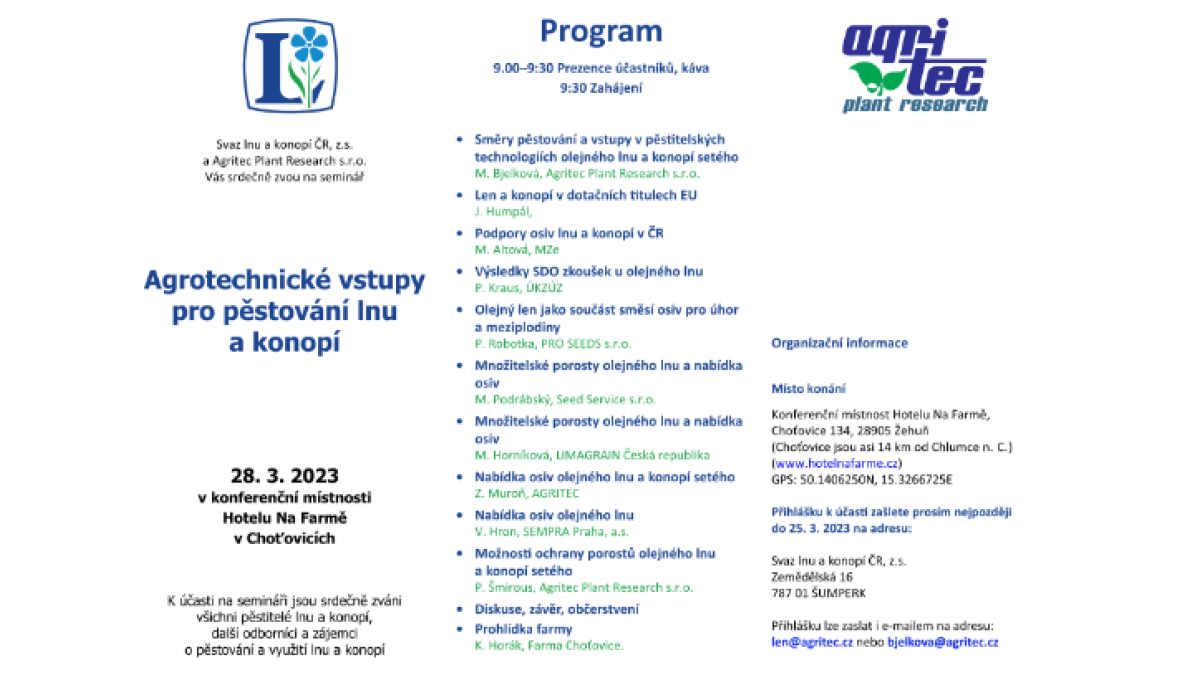Agrotechnické vstupy pro pěstování lnu a konopí - seminář 2023-03-28