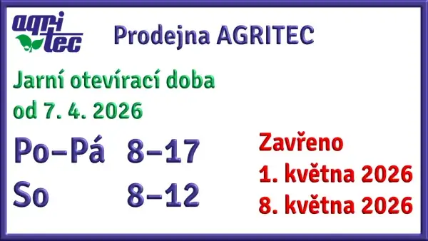 Jarní otvírací doba prodejny Agritec, květen 2026